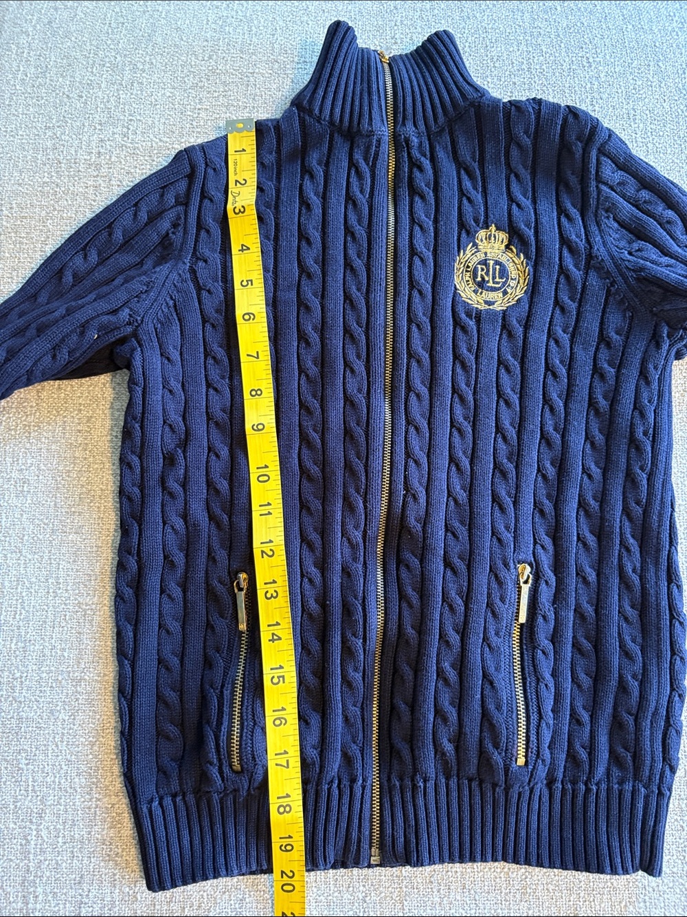 Ralph Lauren Navy Cable-Knit Full Zip Cardigan Crest Sweater Womens XSP - Picture 6 of 11